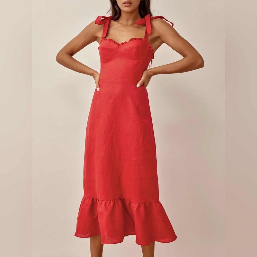 Reformation Vale Linen Dress Cherry Red 🍒